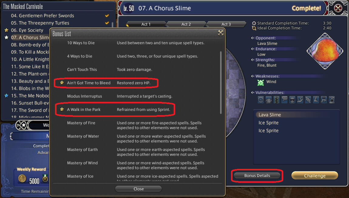 Masked Carnivale Bonus List Window